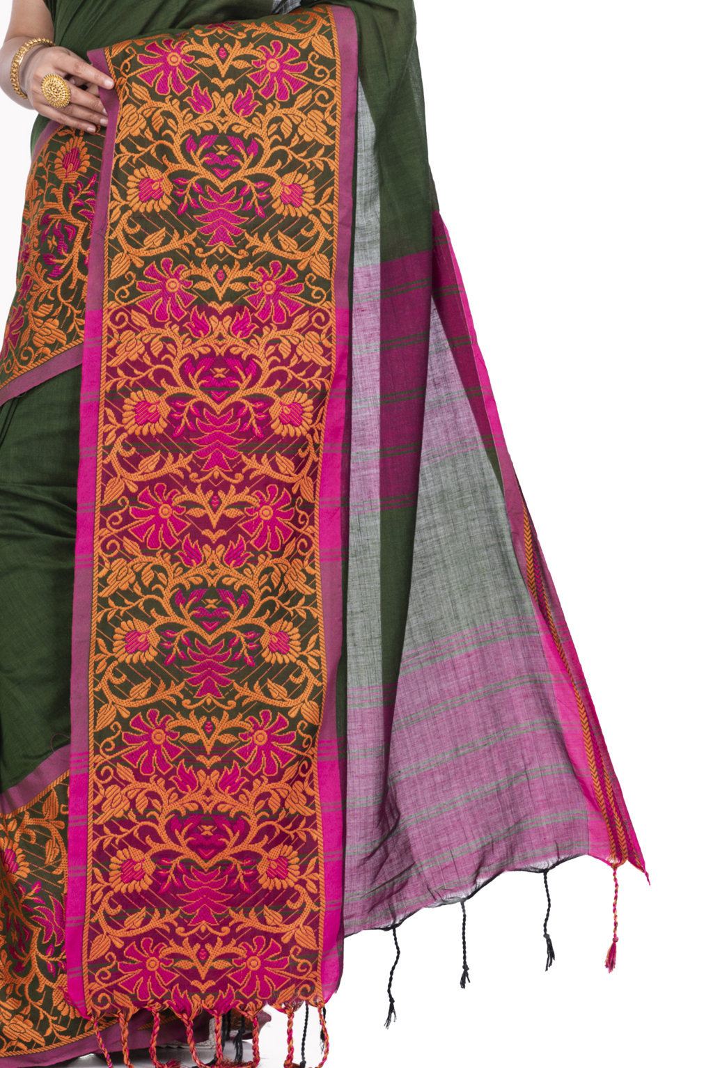 Dark Green Pure Cotton Begompuri_Hand Hand Loom Saree (672)